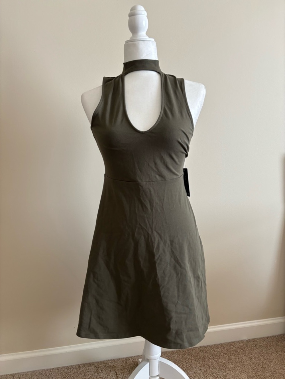 Express Olive Green One-Shoulder Choker A-Line Dress
